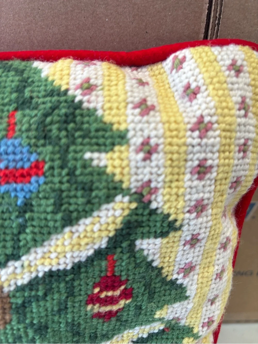 Holiday Teddy Bear Needlepoint Cushion - Red & Green